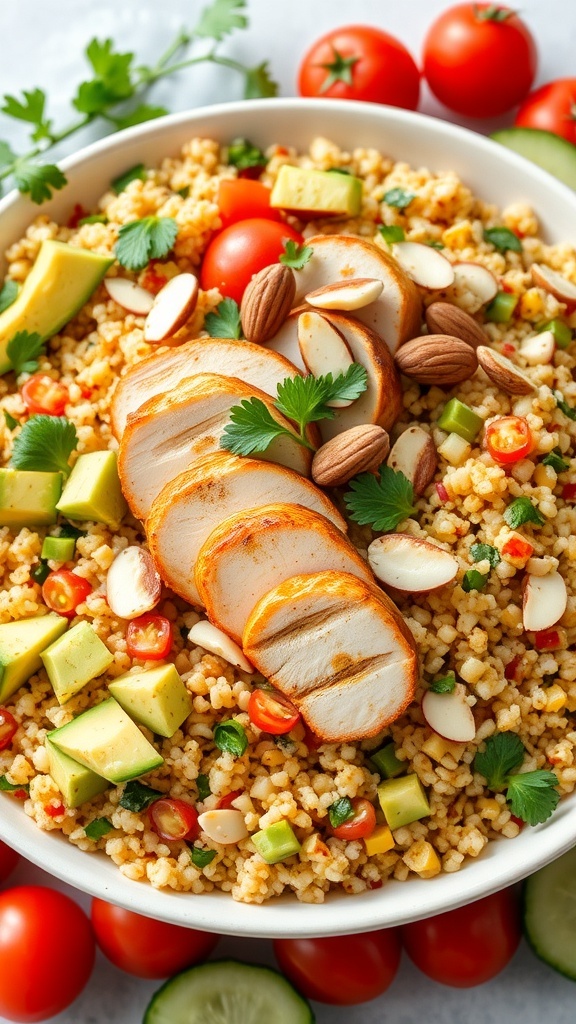 A colorful quinoa salad with chicken, avocado, almonds, and vegetables in a bowl, garnished with parsley.